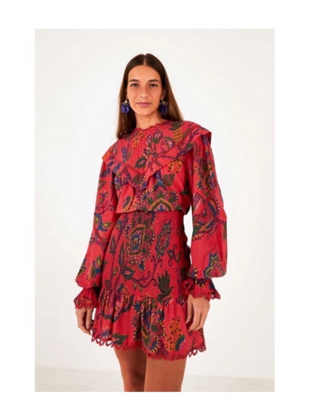 FARM Rio Red Sunset Tapestry Brush Paisley Ruffle Mini Dress